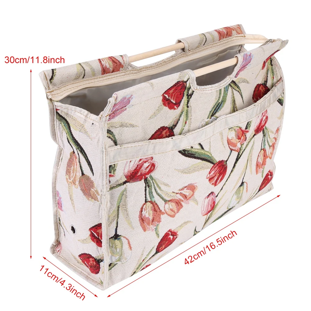 Exquisite Practical Wood Handle Woven Fabric Storage Bag for Knitting Needles Sewing Tools Yarn Organizer Knitting Organizer 5