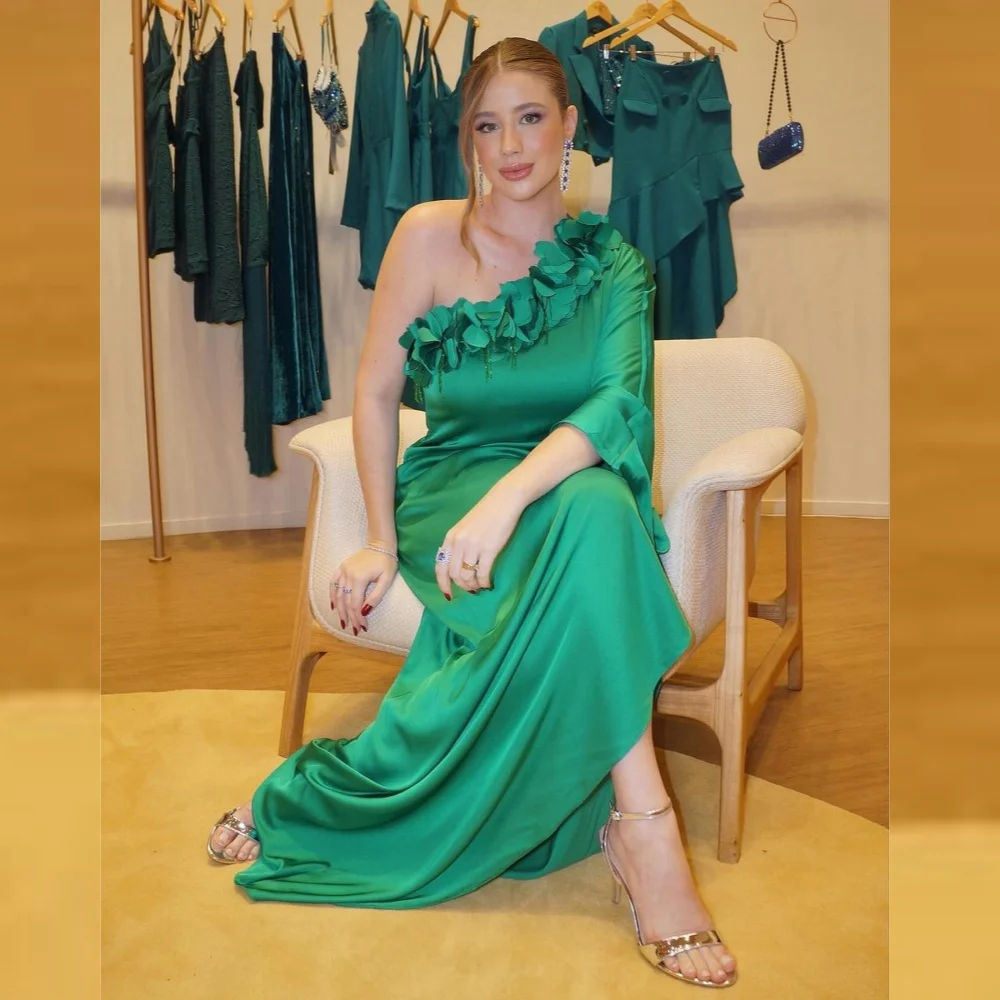 Satin Sequined Flower Ruched Formal Evening A-line One-shoulder Bespoke Occasion Gown Midi Dresses