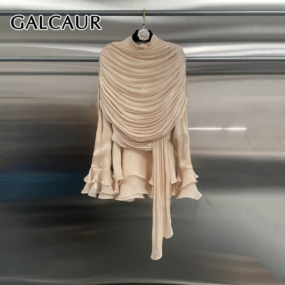 GALCAUR Solid Loose Spliced Ruffles Dress for Women Round Neck Long Sleeves Patchwork Zipper Elegant Dresses Female Fashion New