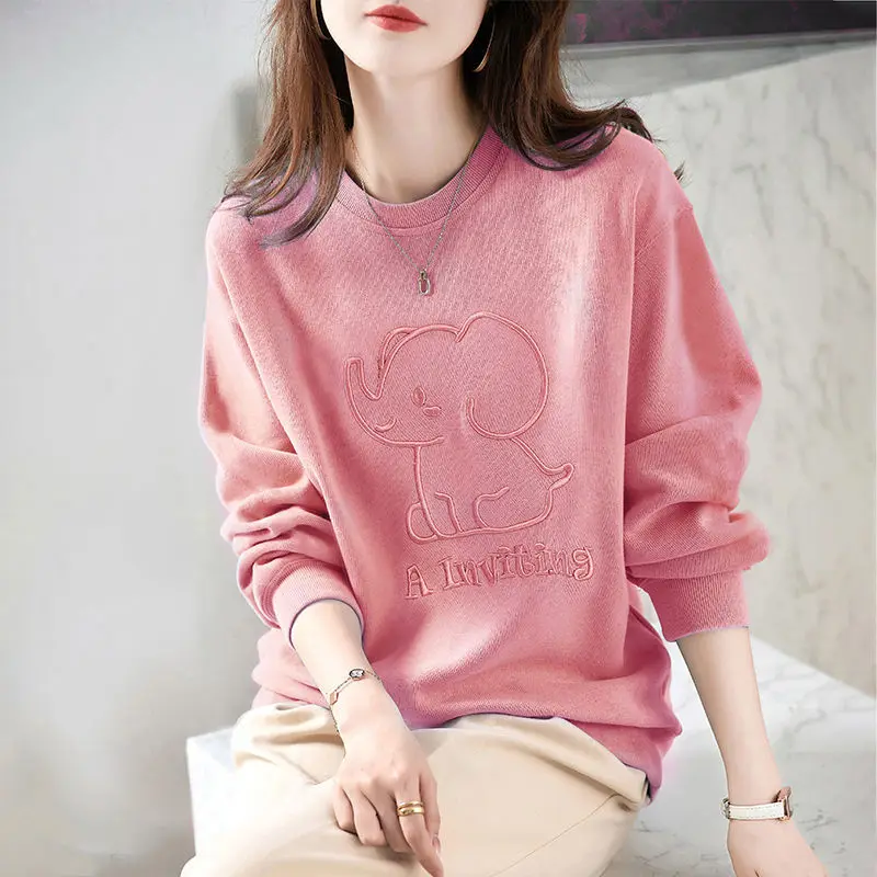 Casual Stylish Cartoon Embroidery Sweatshirts Letter Women's Clothing Korean O-Neck Spring Autumn Commute Long Sleeve Pullovers
