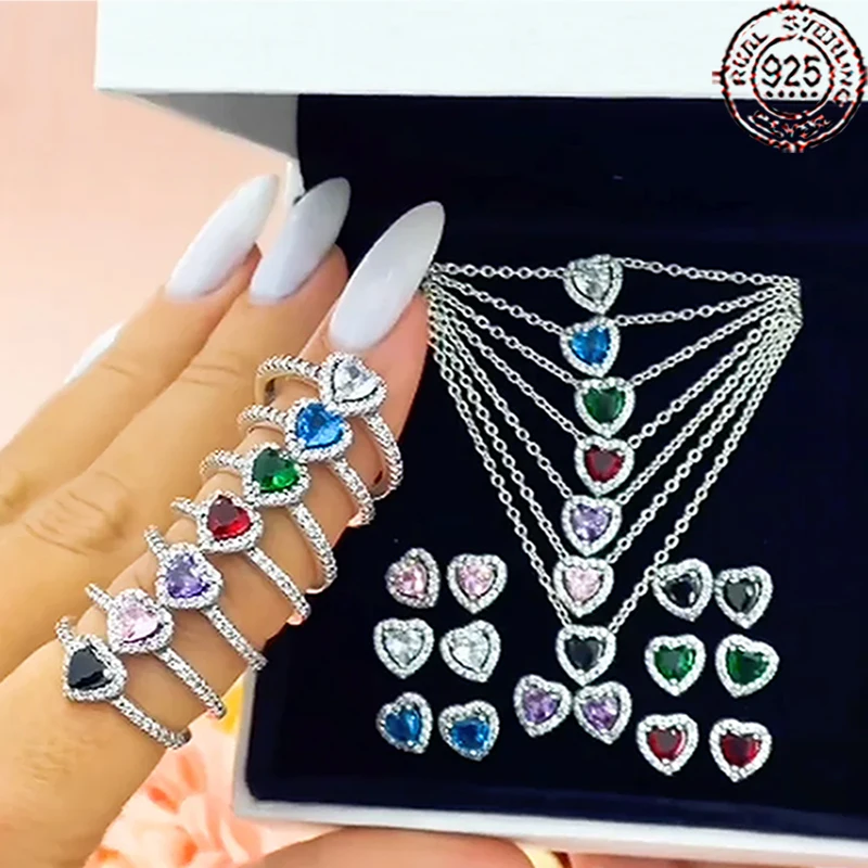 

Popular 925 sterling silver heart-shaped crystal zircon ring necklace earrings fit original and charming women's jewelry gifts
