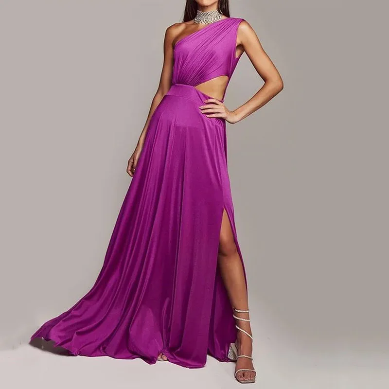 

Independent Station Women's Long Dress 2023 Summer Fashion One Shoulder Sleeveless Open Waist Split Solid Color Dress