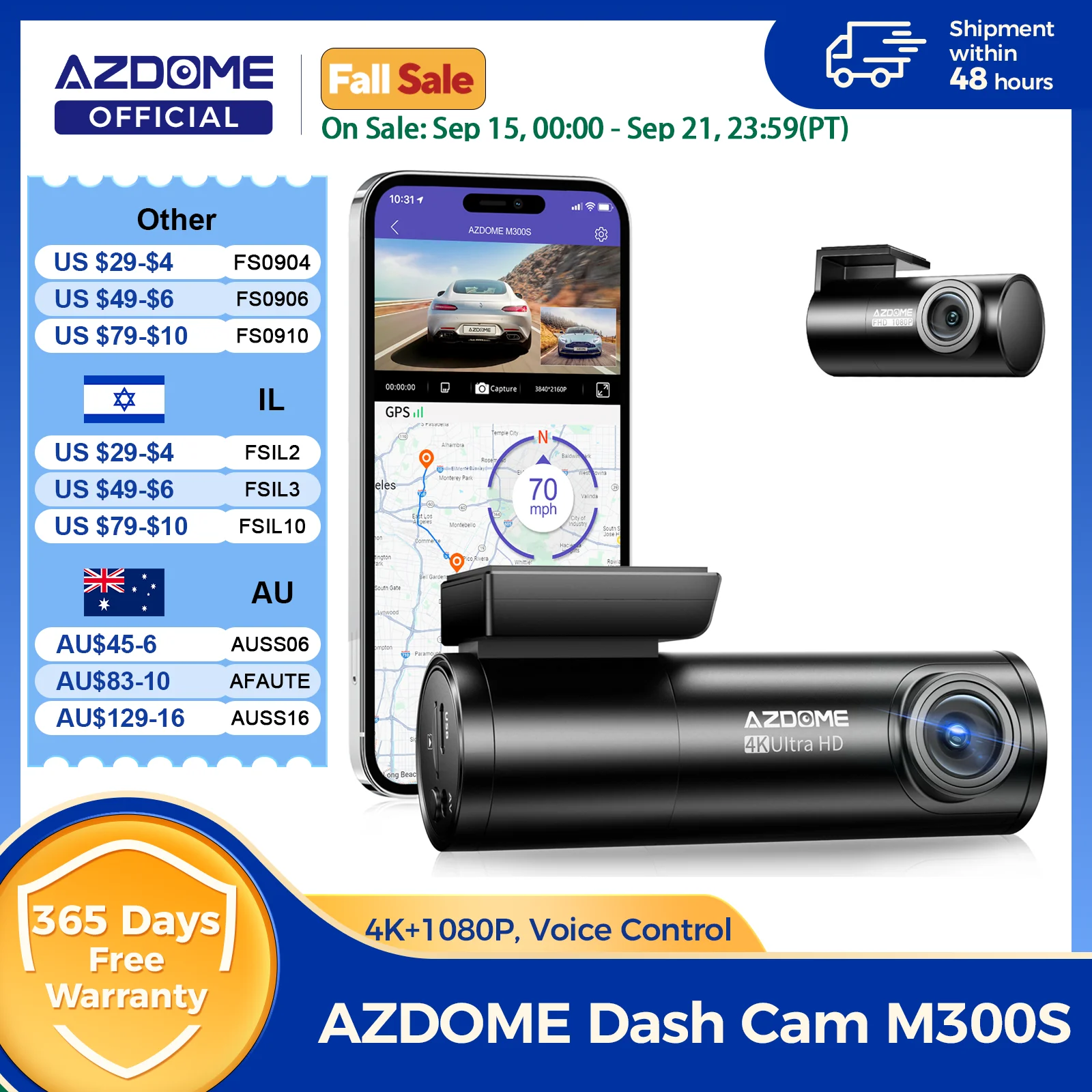 AZDOME M300S 4K Dash Cam Front and Rear, 5.8G WiFi GPS Dash Camera for Cars, Free 64GB SD Card, Voice Control, WDR Night Vision - AliExpress