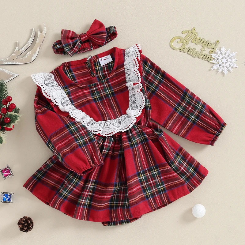 

Рождественский комбинезон для новорожденных девочек, красное клетчатое кружевное платье с оборками и длинным рукавом, винтажные платья, мой 1-й Рождественский наряд