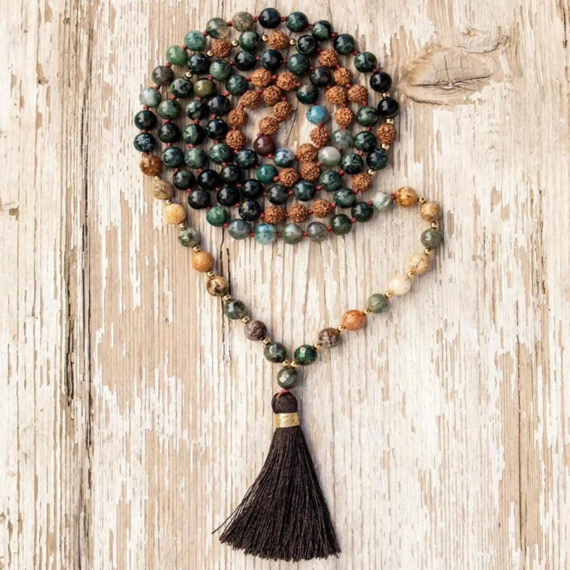8mm Natural knot 108 Ocean agate Rudraksha Jasper beads necklace Thanksgiving Day Seven Chakras Classic Christmas Lucky Easter