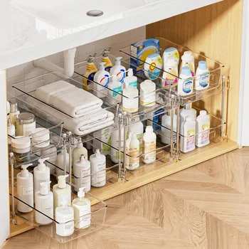 4 Pack Bathroom Organizer, 2 Tier Clear Under Sink Organizers Vanity Countertop Storage Container,Cabinet Drawers Bins, Kitchen