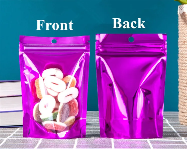 100pcs Stand Up Clear Front Purple Ziplock Packaging Bag Resealable Snack Candy Coffee Spice Corn Sugar Storage Hanging Pouches