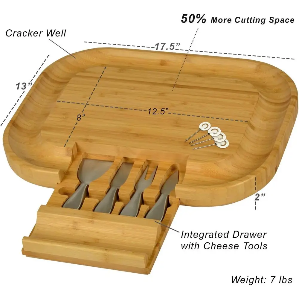 USA-Designed Bamboo Cheese & Charcuterie Board with Knife Set and Cheese Markers