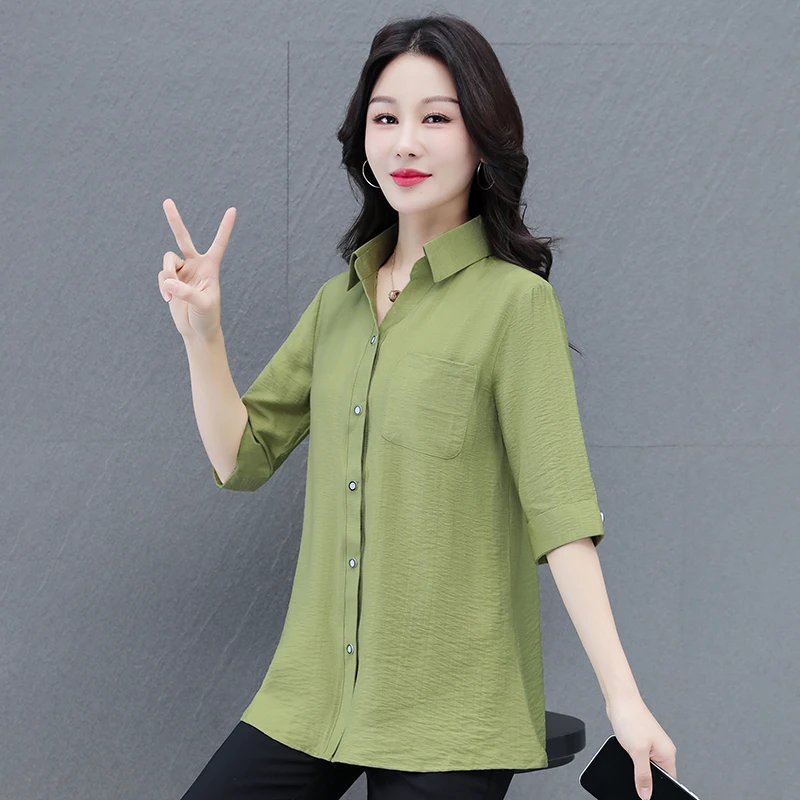 New Fashionable And Versatile Pure Color Comfortable 5-Point Sleeve Top Women'S Spring And Summer Collar Casual Slimming Shirt