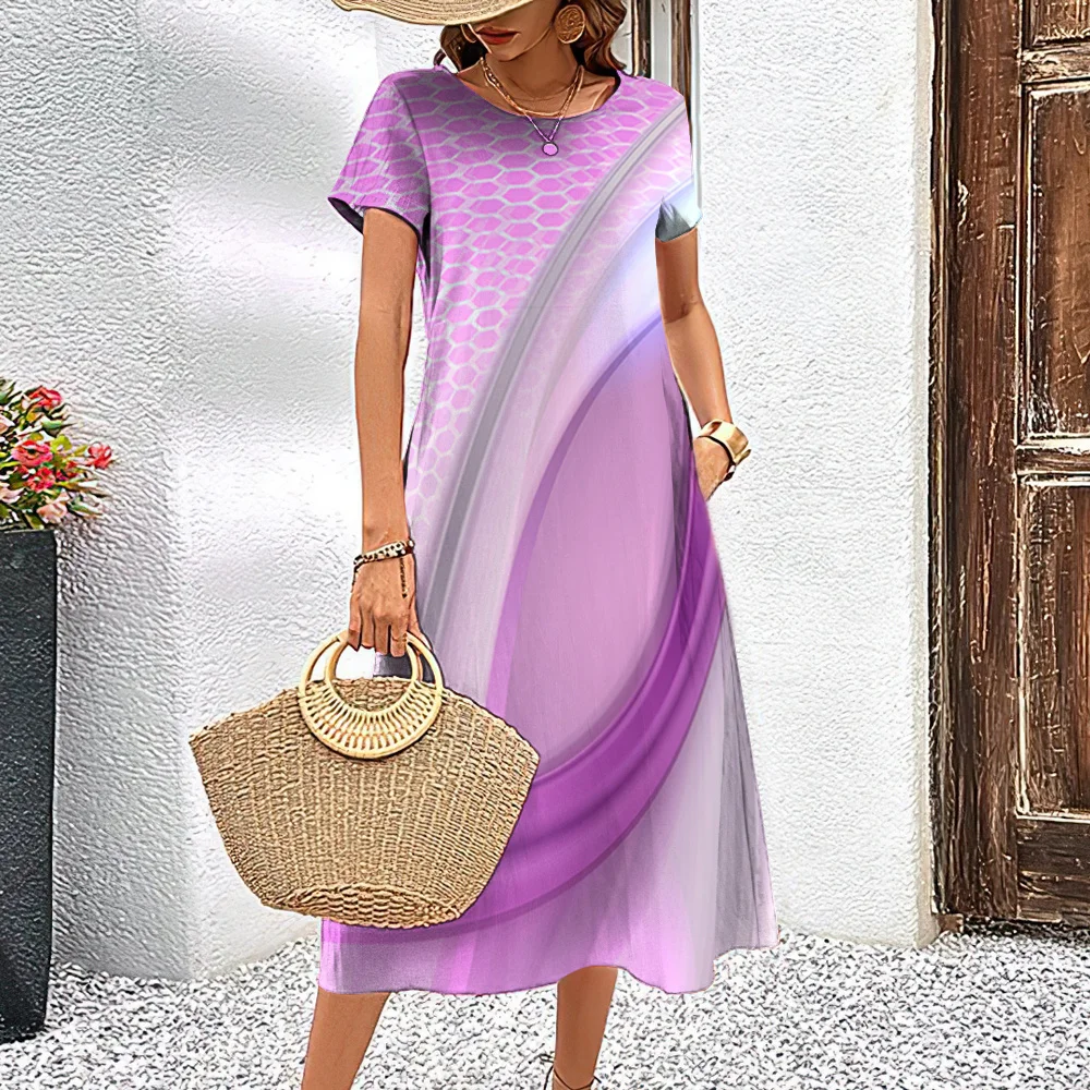 Vestido feminino com estampa listrada com decote em O manga curta, casual roupas extragrandes, doces vestidos A, moda verão, arco-íris, novo 30 S9b5b8359dbbe483a820d01d0f87d3128p