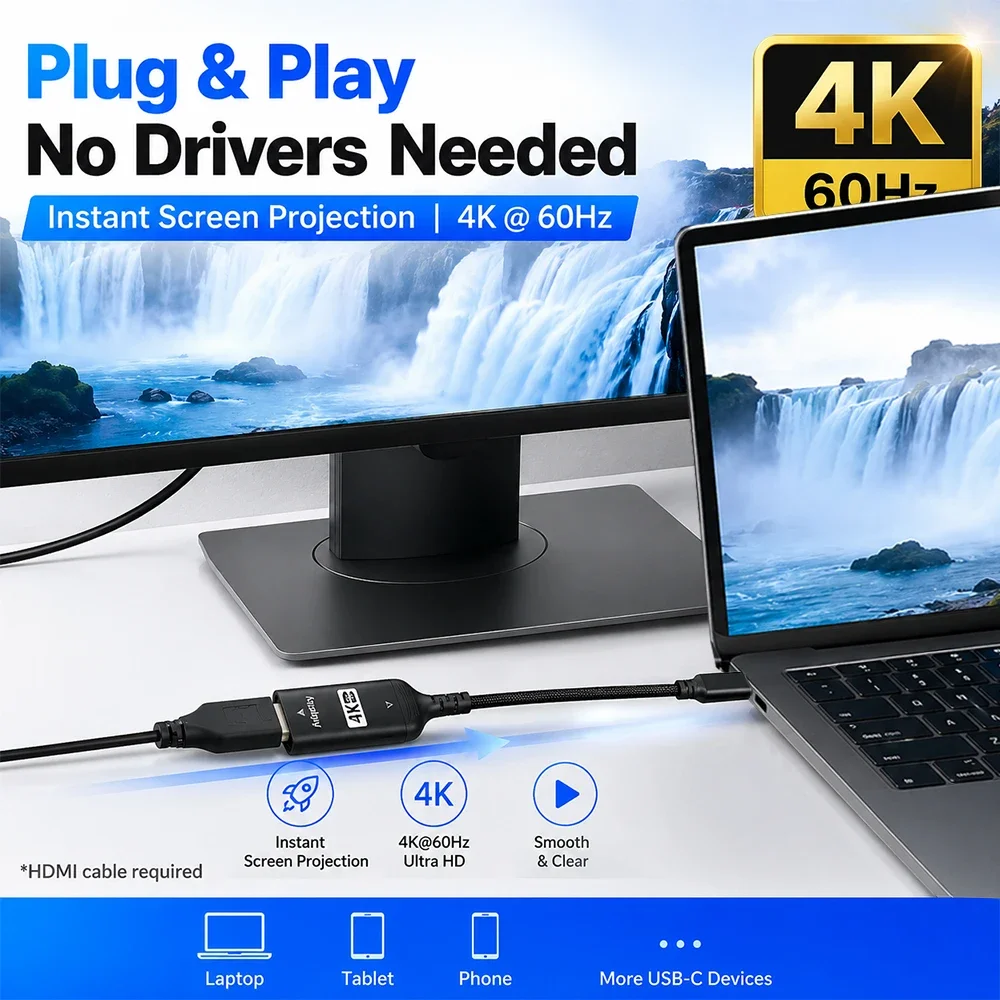 4K USB-C to HDMI Adapter - High-Speed Plug-and-Play Cable Converter