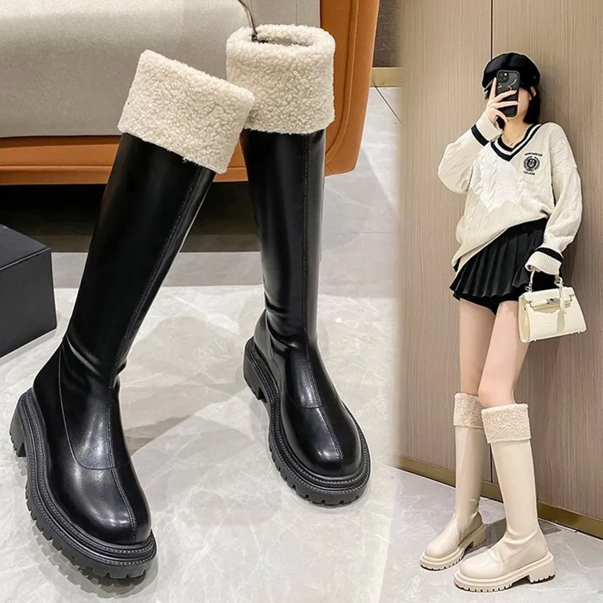Women Fashion PU Leather Lace Keep Warm Motorcycle Boots Winter Women's Shoes Ladies Casual Comfort Flats Boots Plus Size 35- 42