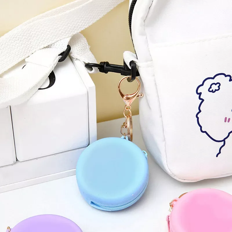 Mini Round Silicone Zipper Coin Purse Solid Color Small Wallet Change Pouch Key Holder Storage Keychain Bag Pendent