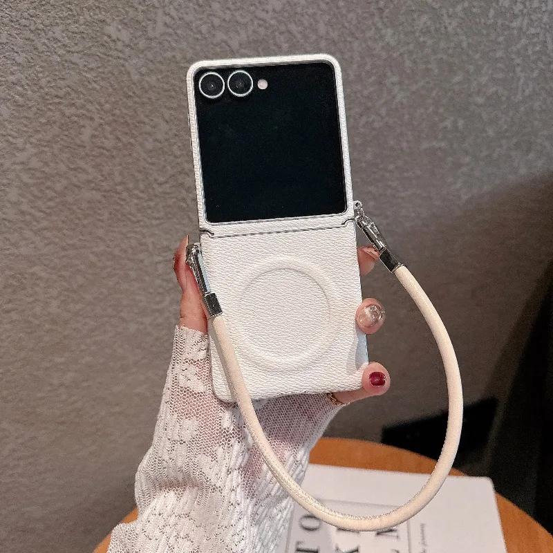 Magnetic Leather Wrist Strap Case with Magsafe Wireless Charging and Lanyard