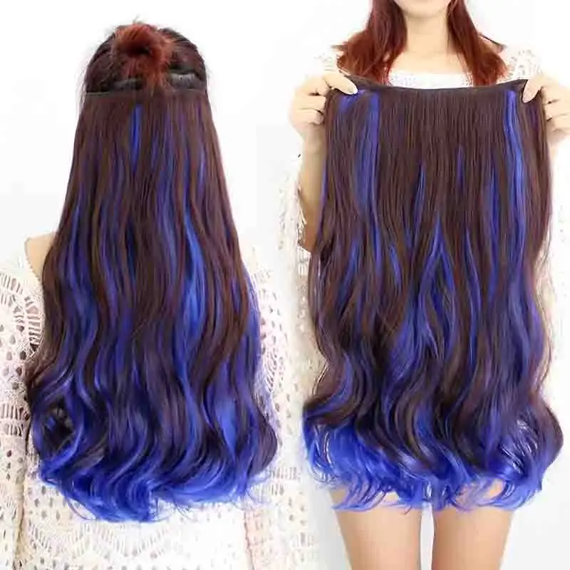 One Piece Clip Hair 5 Clip Color Highlight Long Wavy Hair Piece Seamless Extension 18 Inches Halloween Christmas