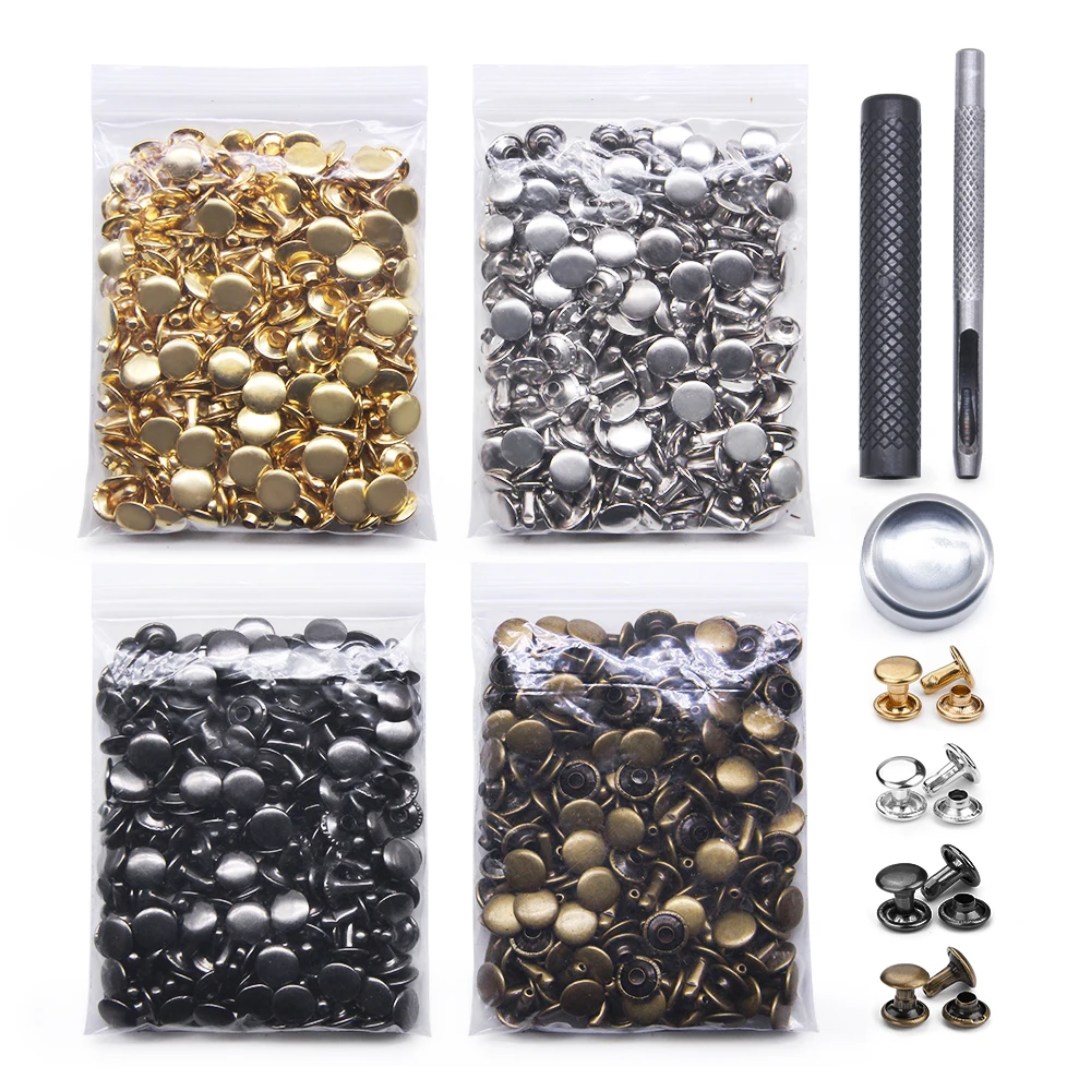 400 Sets 4 Colors Brass Metal Studs Rivets With Fixing Tools Double Cap ...