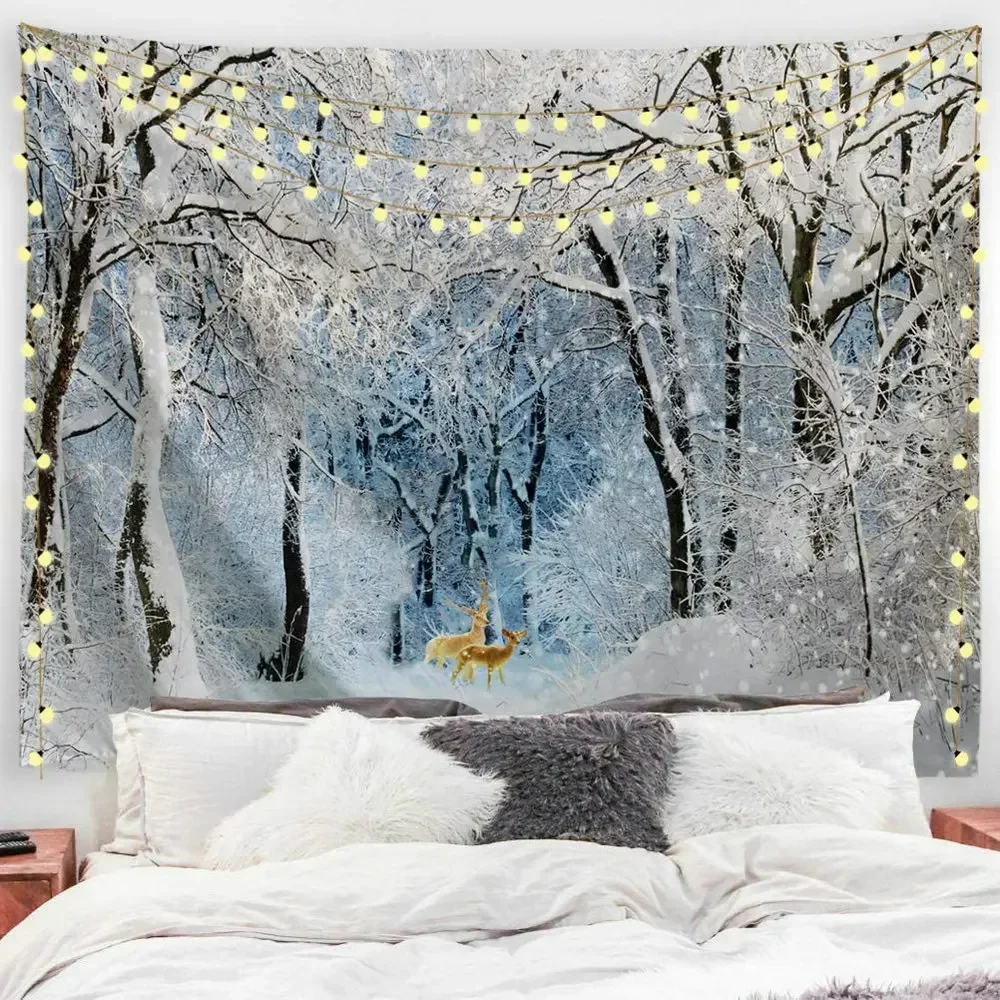 Snow Forest Arazzo Alberi Invernali Snowy Jungle Woodland Fantasy Elk Rustico Vintage Nature Scenery Camera Da Letto Soggiorno Dormitorio Decor