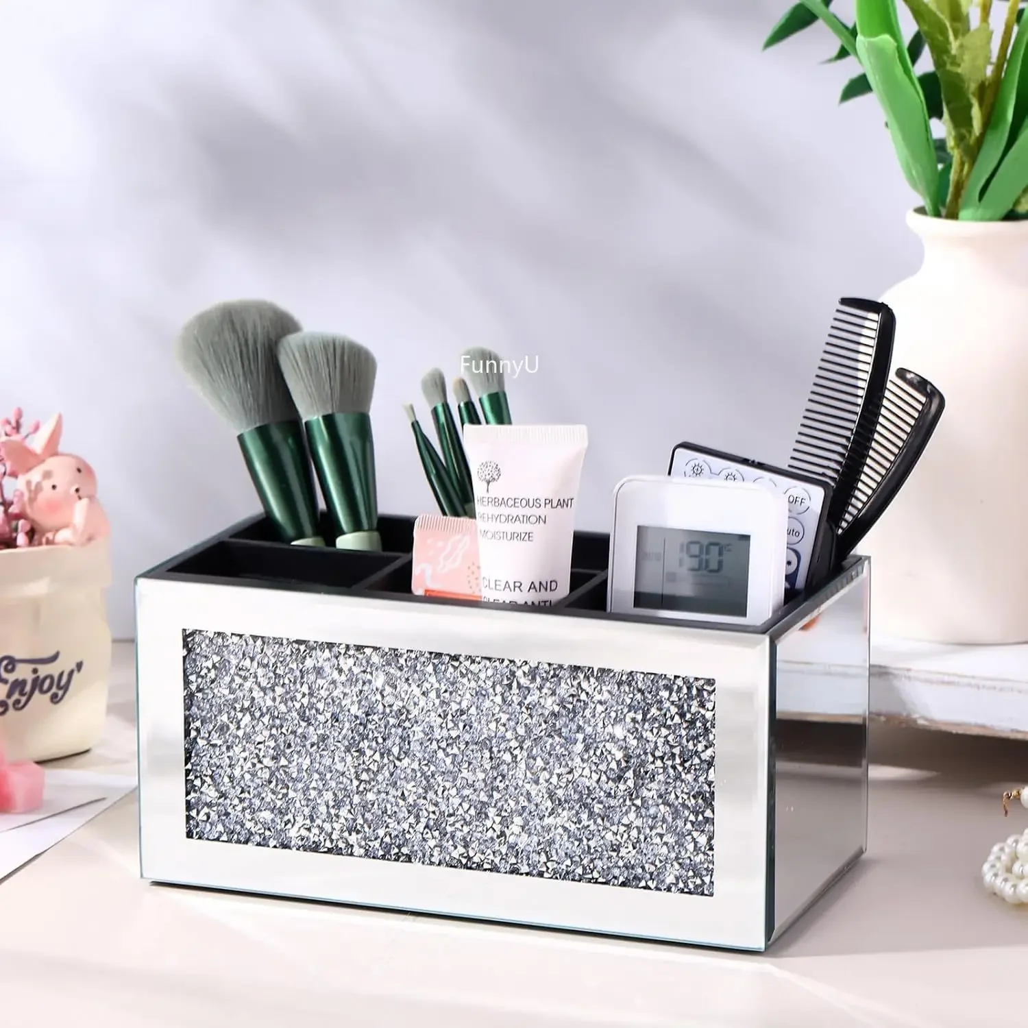 Glass Mirrored Organiser Crushed Diamond Makeup Brush Holder Organizer Remote Control Holder Container Accessories Desktop Decor 5