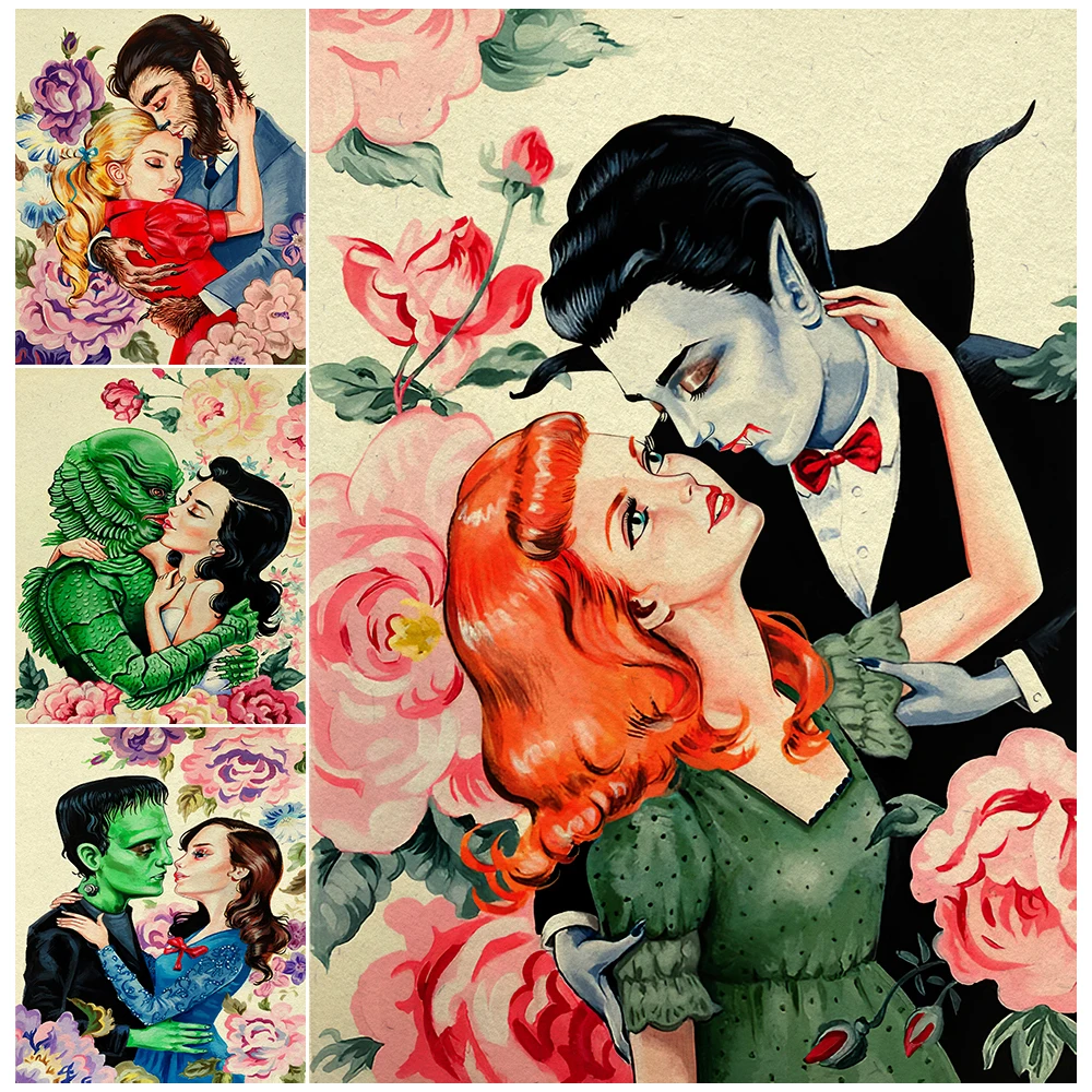 

Monsters And Lovers Vintage Wall Art Canvas Painting Romantic Monster Love And Flower Art Poster Print Home Decoration Unframed