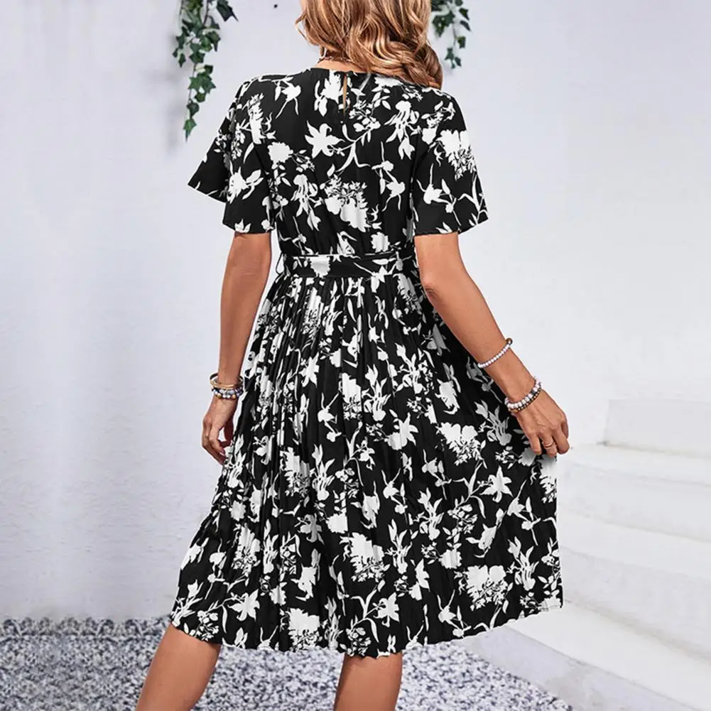 

Women Midi Dress Floral Print A-line Midi Dress with Lace-up Detail High Waist for Women Summer Round Neck Contrast Color Short