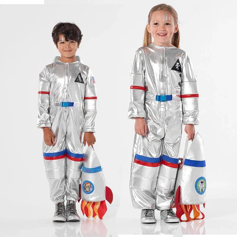 

Children Pilot Halloween Costume Outfit Girls Silver Spaceman Jumpsuit Fancy Dress Boys Astronaut Costume