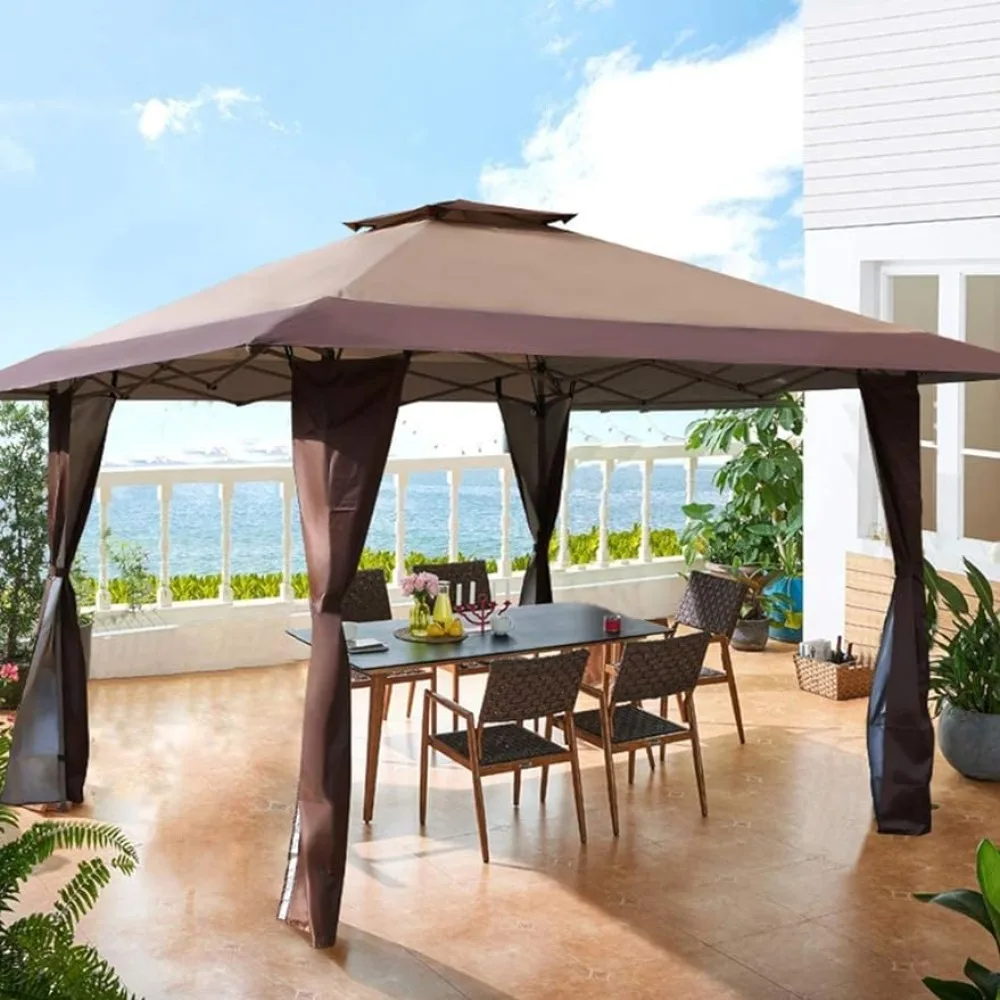 

13'x13' UV Block Sun Shade Gazebo Canopy With Hardware Kits Camping Tent Gazebo Shade for Patio Outdoor Garden Events Brown Mesh