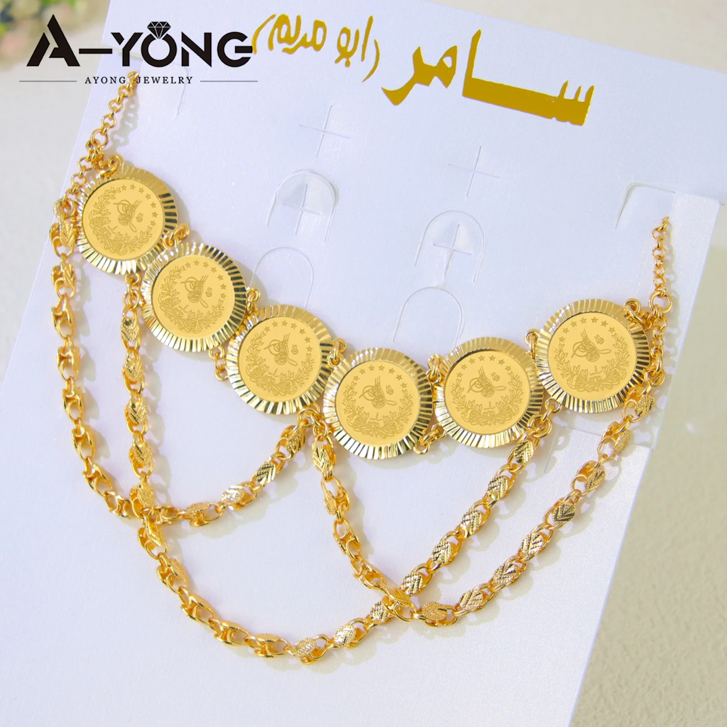 Luxus vergoldete Münzen Schmuck 21 Karat vergoldet klassische türkische Quaste Halsreifen Dubai Frauen Hochzeit Party Halskette
