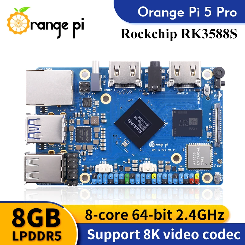 Orange Pi 5 Pro Single Board Computer 8GB Ram RK3588S LPDDR5 Wifi5.0-BT5 Development Board M2.0 Support SSD Orange Pi 5Pro single board computer,mini development board