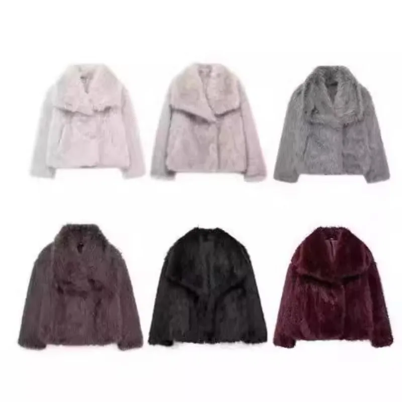 Women Fashion Cropped Faux Fur Jacket Coat Long Sleeve Front Snap Button Female Outerwear Chic Lapel Collar Thick Coat