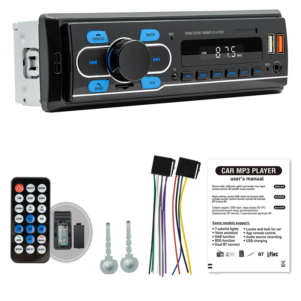 D3230 Car Radio V5.0 MP3 Player FM Radio LED Display 7 Color Button Lights Dual USB Port Stereo Audio Receiver car mp3 player