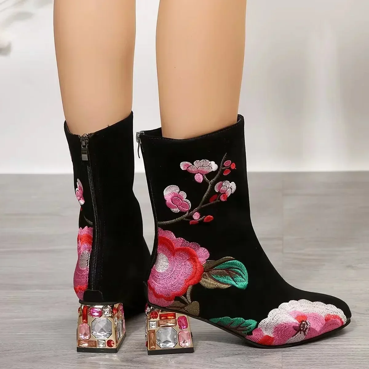 Women Flower Embroider Ankle Boots Winter Fashion Colorful