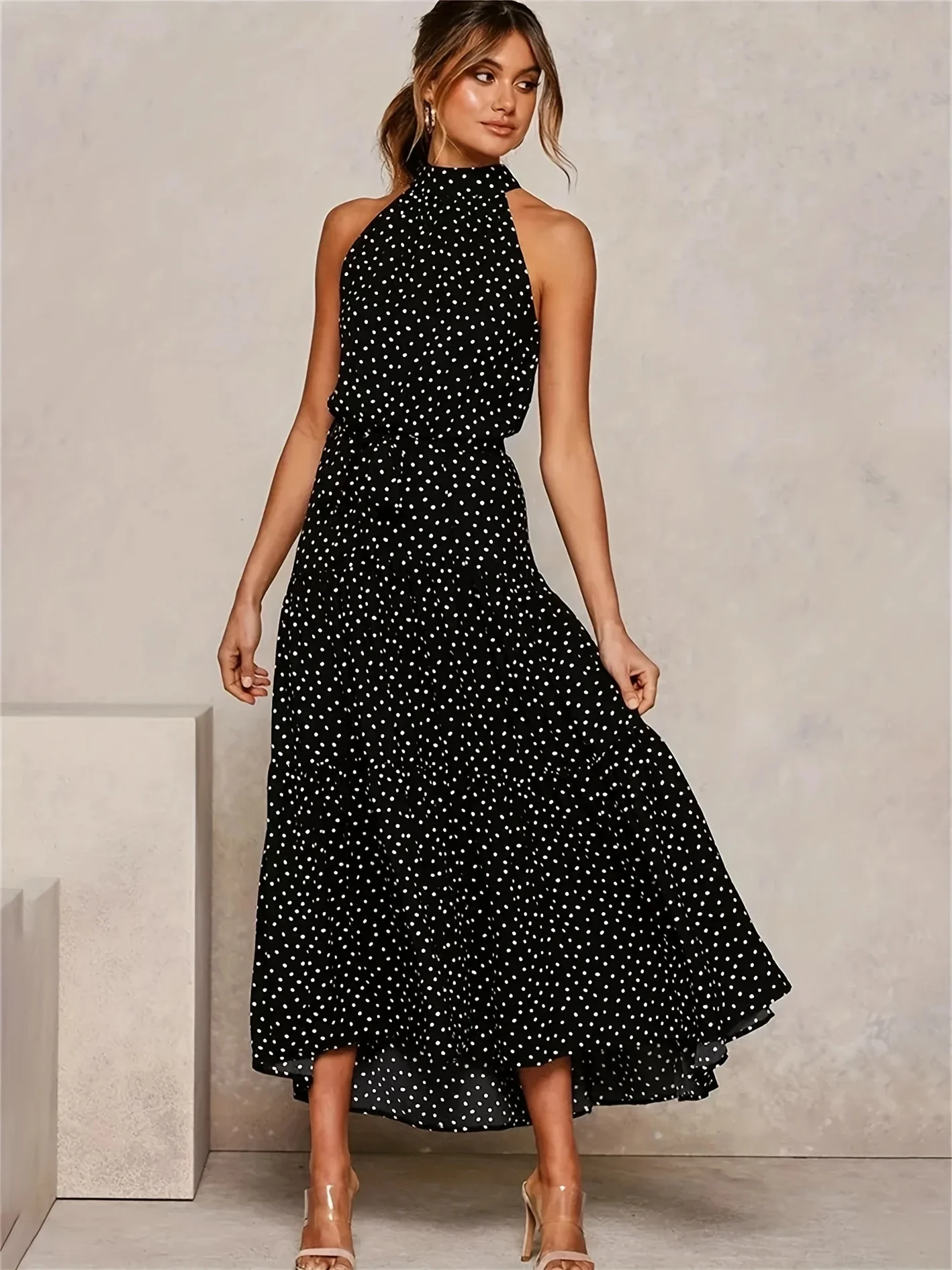 

Fashion Sexy Sleeveless Boho Polka Dot Long Dress Women 2024 Summer Vintage Cotton Sundress Office Casual Ladies Maxi Dresses