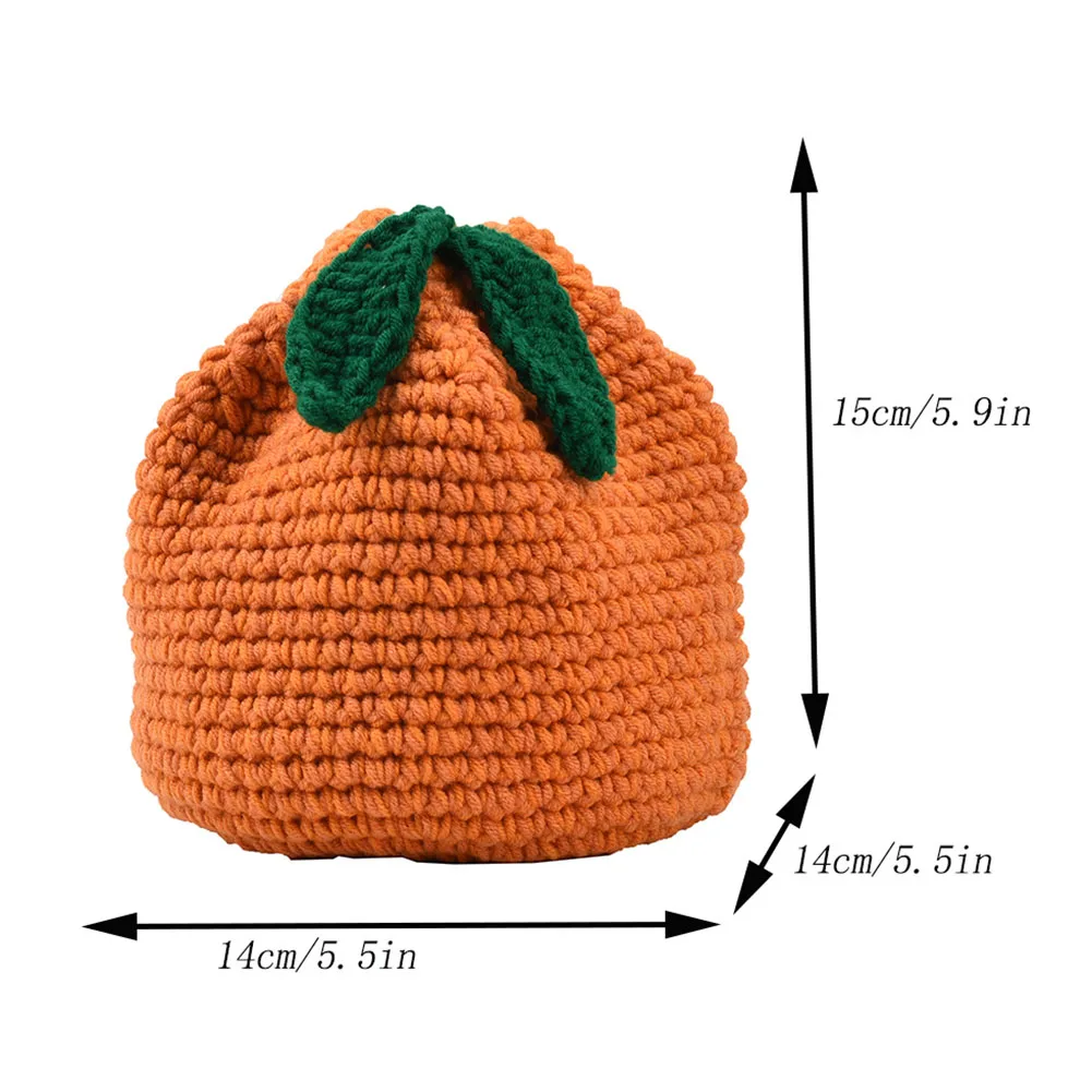 Female Crocheted Purse Drawstring Crossbody Bag Orange Shape Cute Fruit Pouch Charm Gift for Friends