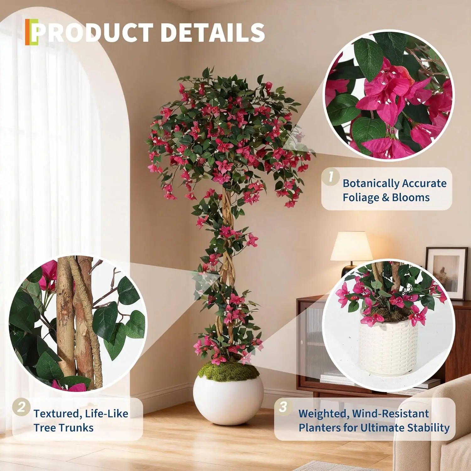 150cm 180cm Künstlicher Bougainvillea-Baum Realistische Seidenblätter & Natürlicher Holzstamm UV-Beständiger Kunstbaum für Innen und Außen – Detail 14