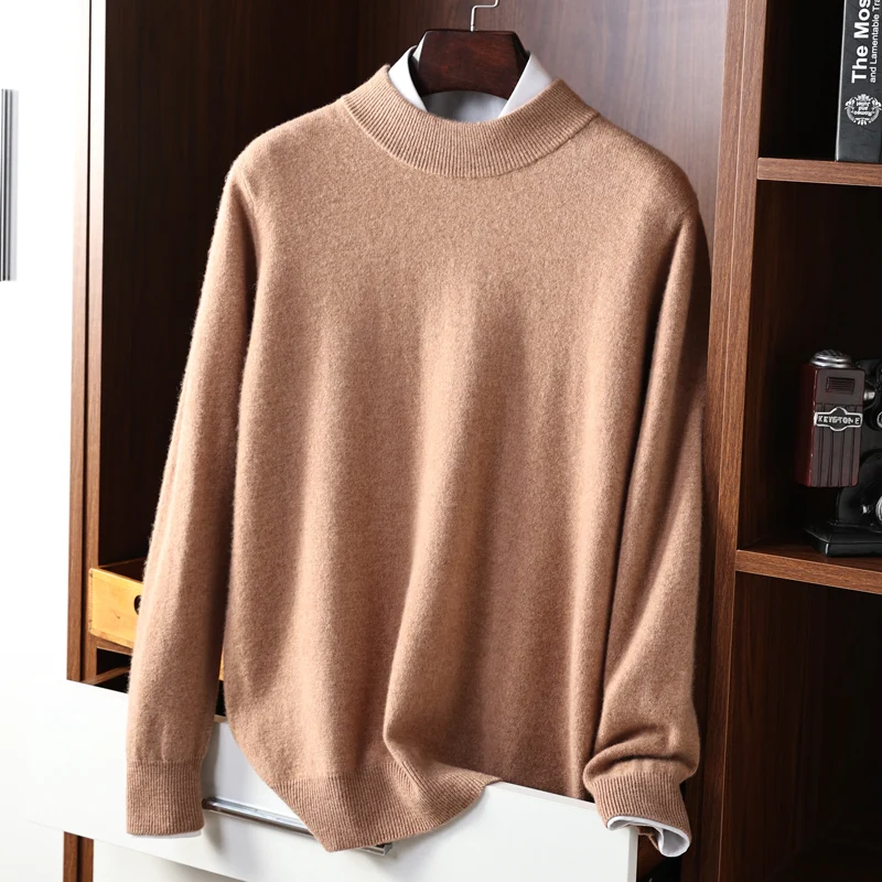 100% Wool Sweater Men's Half High Neck Pullover Top Spring and Autumn New Knitted Bottom Shirt Casual Solid Color Jacket