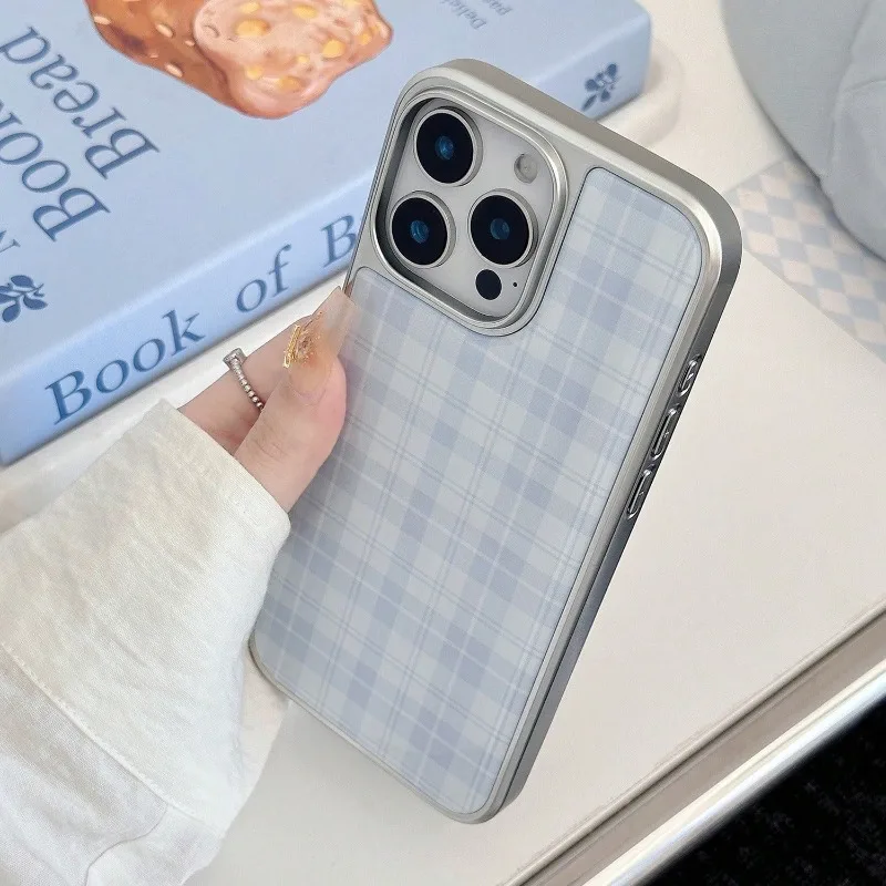Retro Blue Sky Plaid Silver Edge TPU Anti-Drop Phone Case