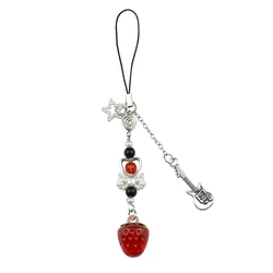 Adorable Strawberry & Cherry Phone Charm with Heart Bow Beads and Guitar Pendant (Red - Strawberry)