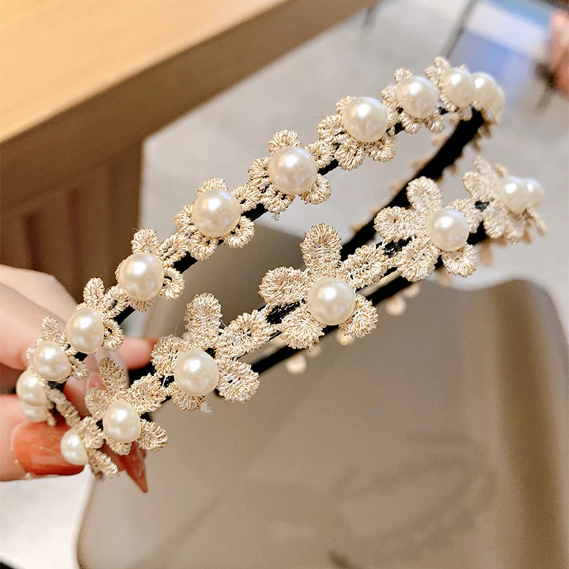 White Pearl Flower Hairbands for Kids Girls Cute Princess Non-Slip Hair Hoop Korean Sweet Children Headband Baby Hair Accessorie 4