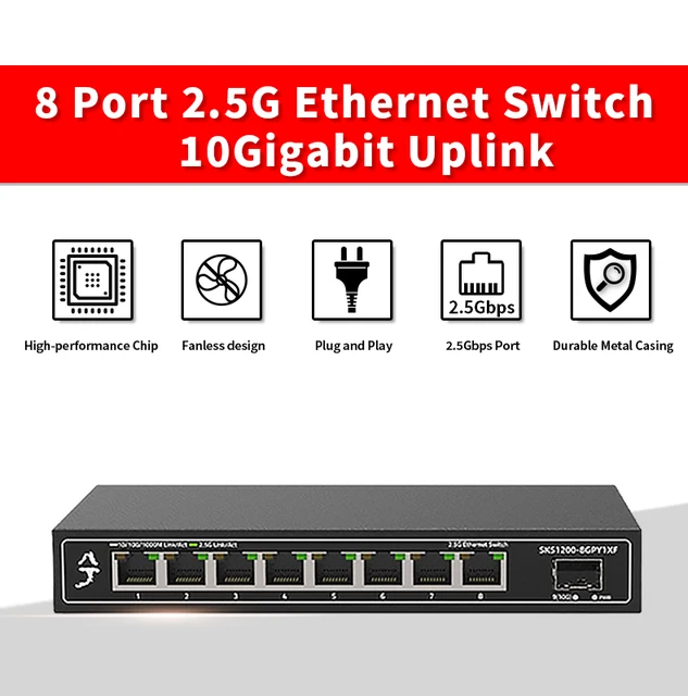 XikeStor 8 Port 10G SFP+ L2+ Managed Ethernet Switch, Multi Gigabit Network  Switch, Ethernet Splitter High Speed, Ethernet Hub, Metal Housing