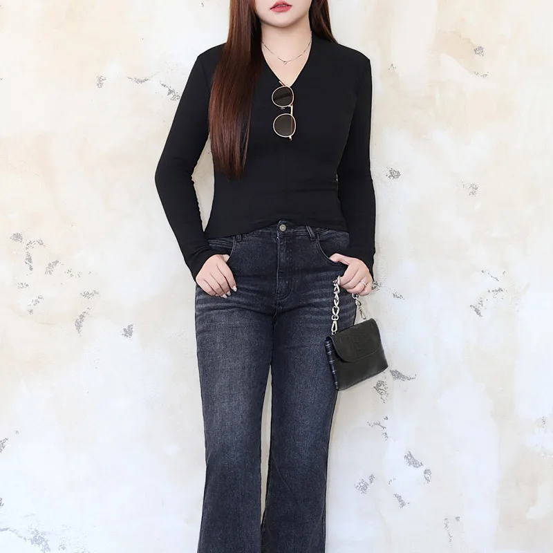 Plus Size Women's T-Shirt Premium Elegant V-Neck Basic Top Water Drop Long Sleeve Slim-fit Sexy Tees Autumn 2025