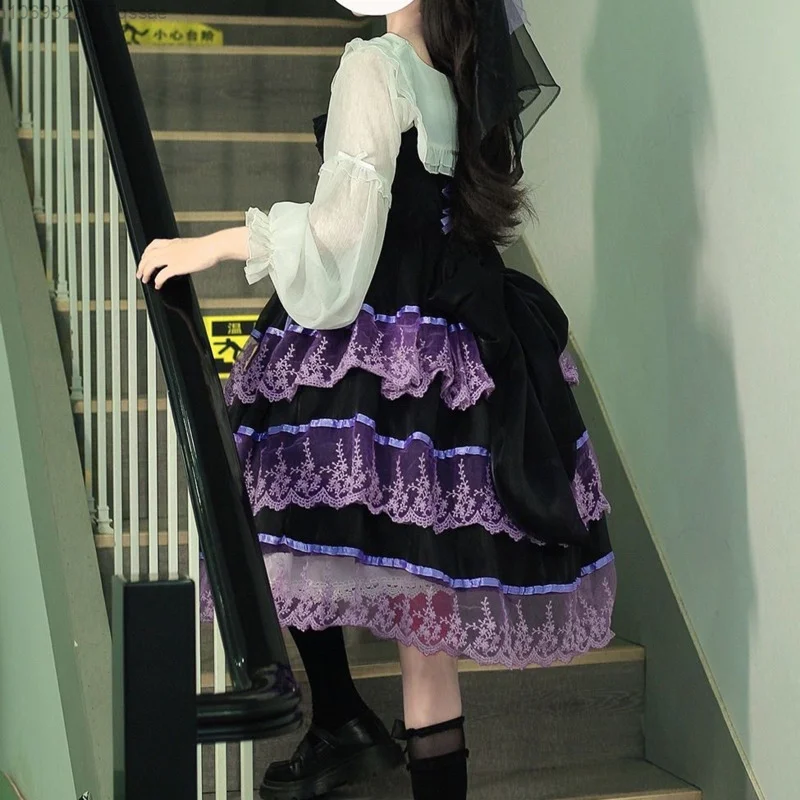 thumbnail image 3 of Vestido JSK estilo Lolita con bordado dulce para niñas, vestido de fiesta con borde de encaje y tirantes finos con cuello Peter Pan, conjuntos completos, 3 of 6