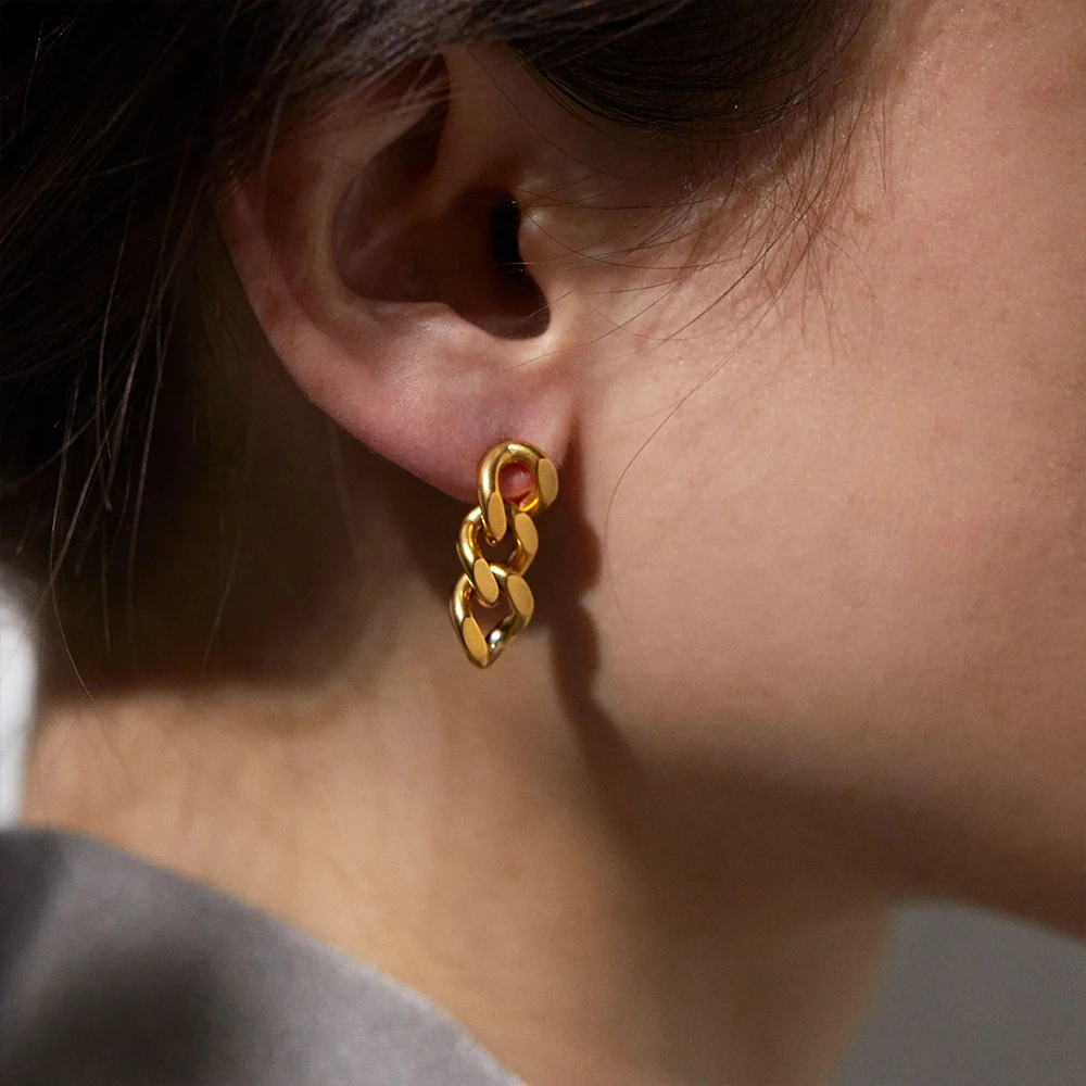 eManco Punk Cuban Link Chain Stud Earrings for Fashion Women Genuine Gold Plated Ring Clasp Dangle Rock Jewelry Gift stud earrings dangle earrings