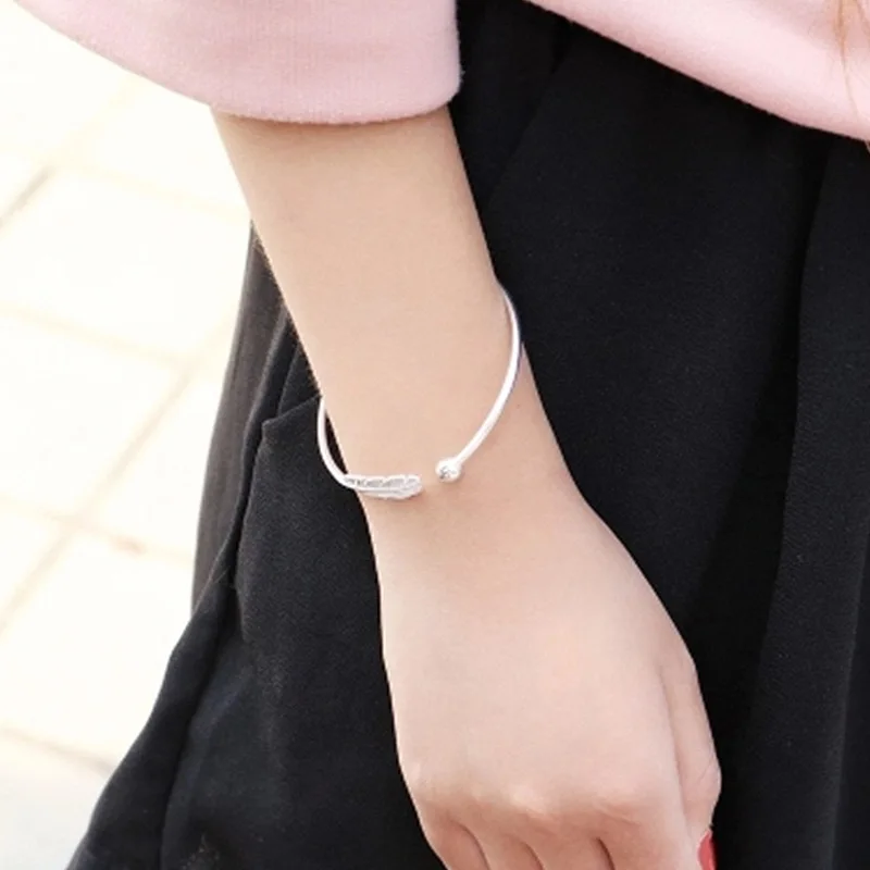 Feather Bangle Bracelet for Women Luxury Jewelry Rose Gold Silver Cuff Bangles 6