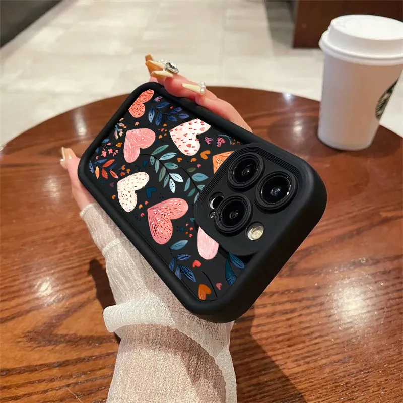 Black Love Heart Leaves Shockproof Case