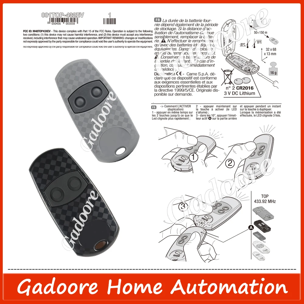 Gadoore TOP432 EV TOP432 EE TOP432 NA Control Remoto de Garaje  Came TOP432 Remoto Mando a distancia para puerta de garaje Came TOP432 Compatible con 433Mhz Top432EE Top432EV Top432NA 432M 432S 432