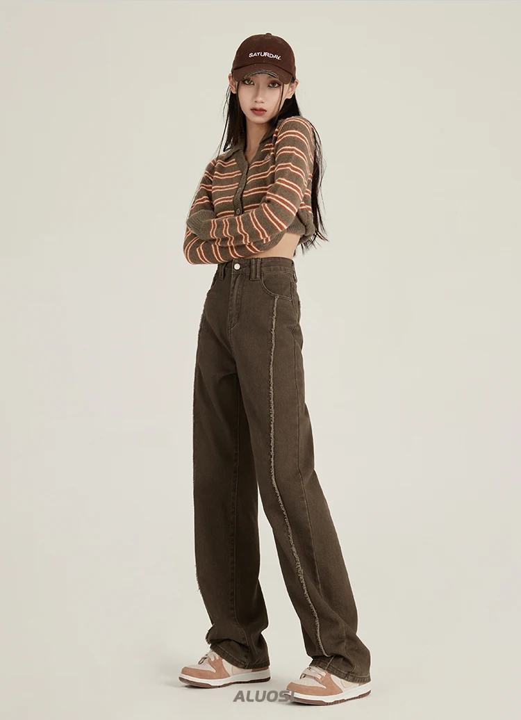 Straight-Leg Pants Women's American-Style Retro Fashionable Brown Wide-Leg Washed Cotton Denim Spring and Autumn Stitching 1Pc
