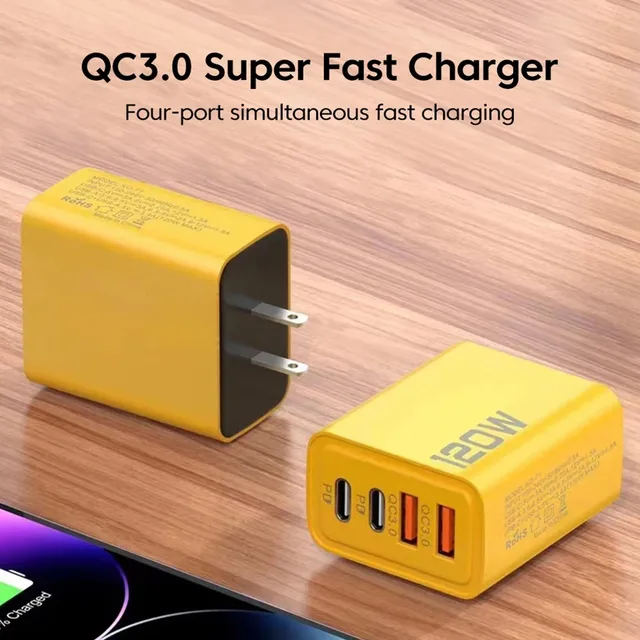 4-Port USB Charger 120W, Type-C Fast Charging Adapter for iPhone, Samsung, Xiaomi 5