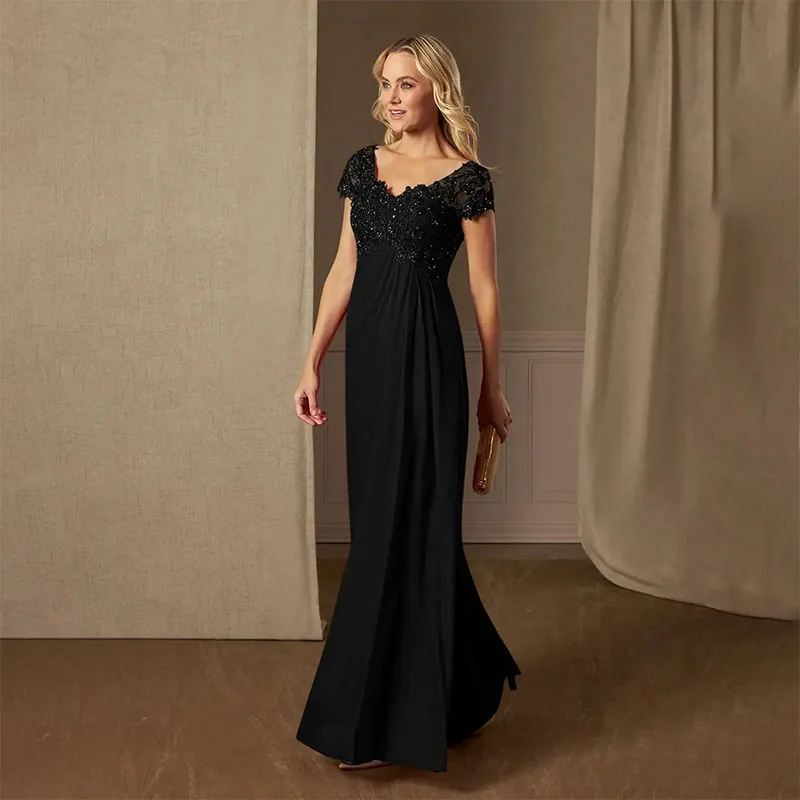 

Elegant Sequins Mother Of The Bride Dress Short Sleeves Black Formal Evening Gowns V Neck Wedding Reception Groom Mother's Dress