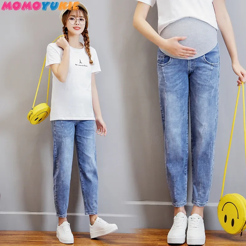 Vintgae Washed Denim Maternity Jeans for Pregnant Women Clothes Elastic Waist Belly Loose Pants Pregnancy Gravidas Clothing women pants denim trousers maternity pants