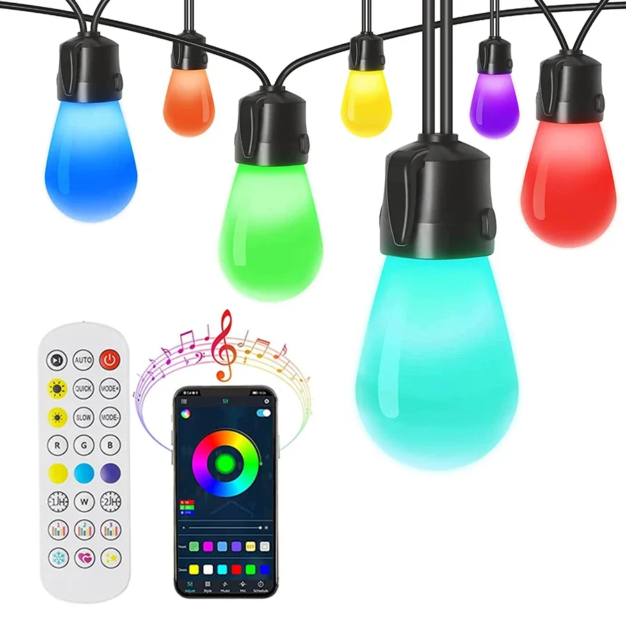 

15/30Bulbs Smart Globe String Light With Remote RGB Bluetooth APP Fairy Light Garland S14 Patio Light for Bistro Backyard Decor